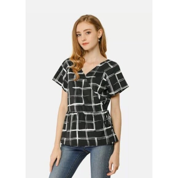 Allegra K Tops - Allegra K Womens Sz M Plaid Drawstring Waist Short Sleeve V-neck Wrap Peplum Top